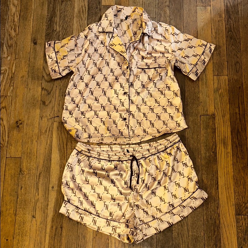 Fashion Nova Beige and Brown Monogram Pajama Set